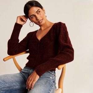 Abercrombie & Fitch Maroon Puff Sleeve Cable Knit Button Cardigan XS